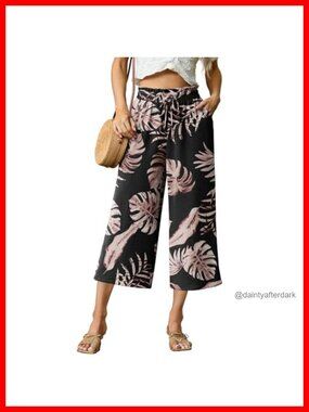 Women's High Waisted Wide Leg Capri Pants Flowy Drawstring Pockets